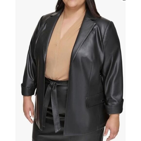 Calvin Klein Women's Black Faux-Leather Open-Front Blazer 18W - Picture 1 of 9